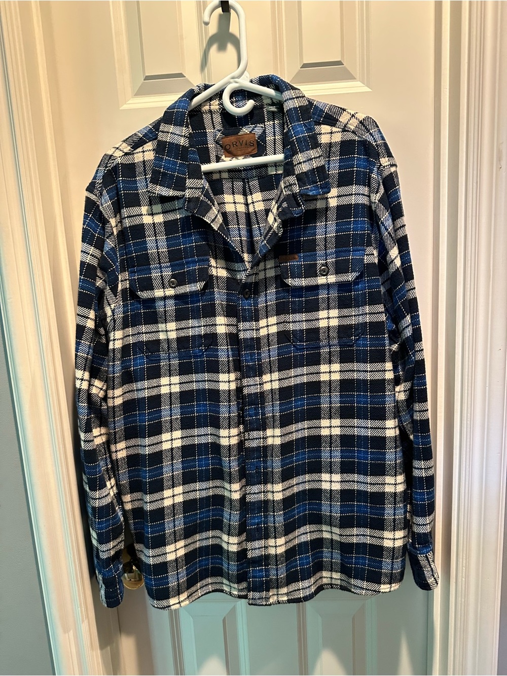 Orvis Blue White Plaid Flannel Button-Up Shirt